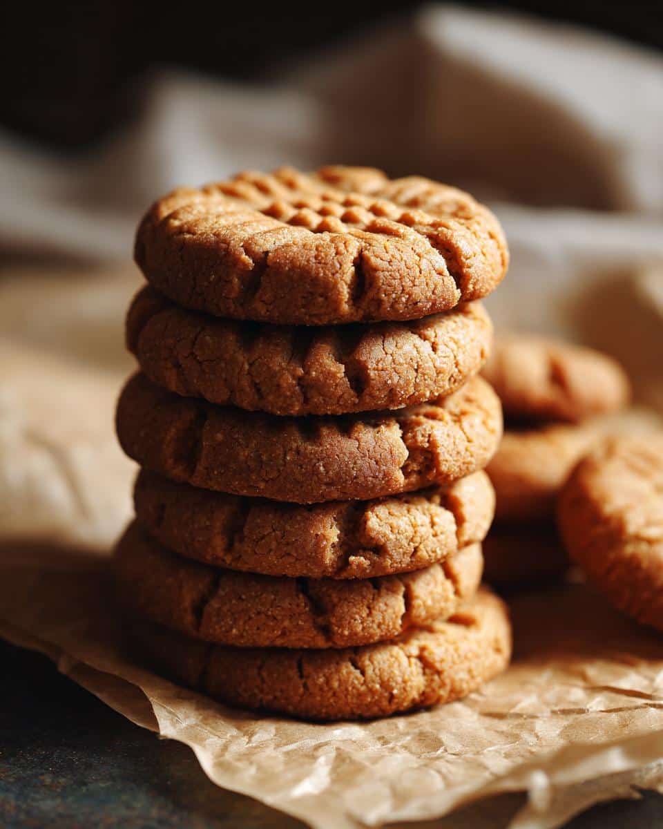 A stack of homemade easy peanut butter cookies with fork marks, sitting on brown parchment paper.