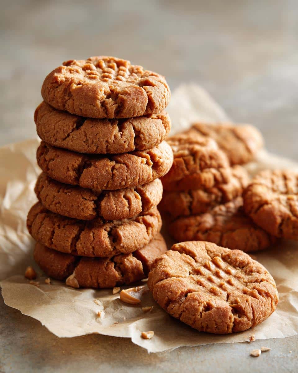 A stack of homemade easy peanut butter cookies on parchment paper, with more cookies scattered around.