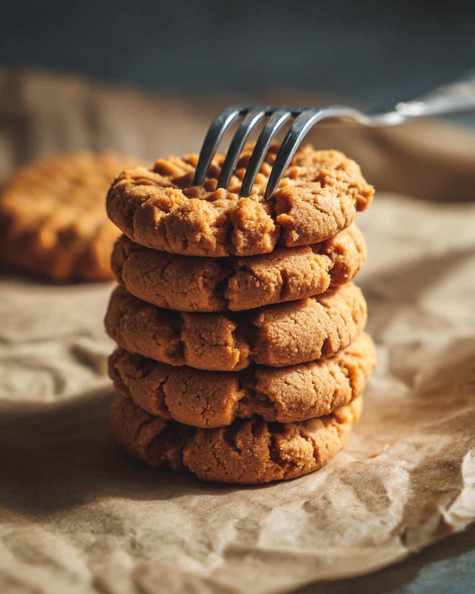 A stack of four easy peanut butter cookies on parchment paper, with a fork pressing into the top cookie.