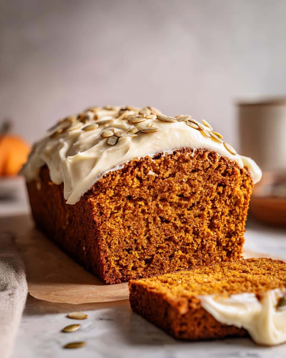 A frosted easy pumpkin loaf with cream cheese frosting, topped with pumpkin seeds, and a slice cut off.