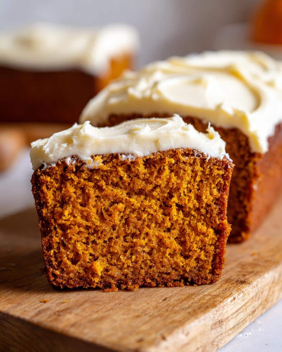 A slice of easy pumpkin loaf with cream cheese frosting, showcasing the moist texture and creamy topping.