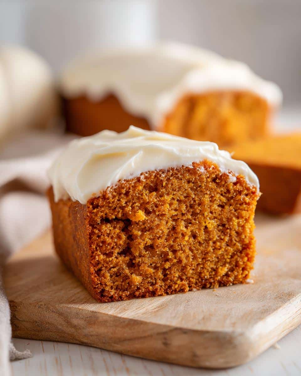 A slice of easy pumpkin loaf with cream cheese frosting on a wooden board. Other loafs are in the background.