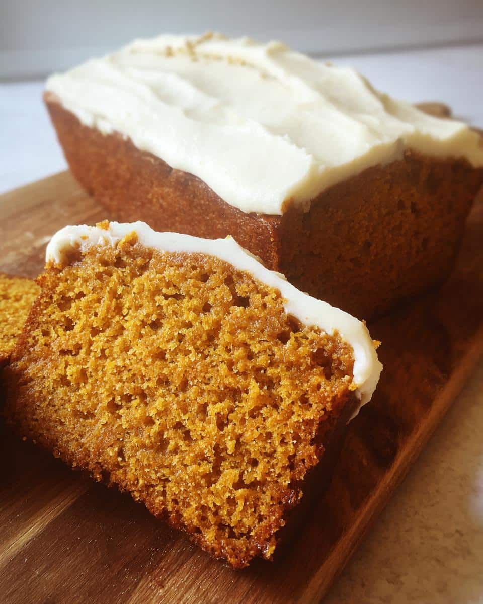 A slice of easy pumpkin loaf with cream cheese frosting on a wooden board, next to the loaf.