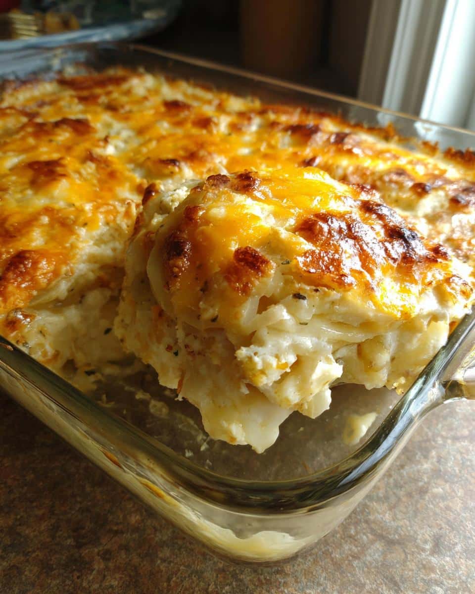 A close-up of cheesy easy scalloped potatoes recipe cheese being lifted from a glass baking dish.