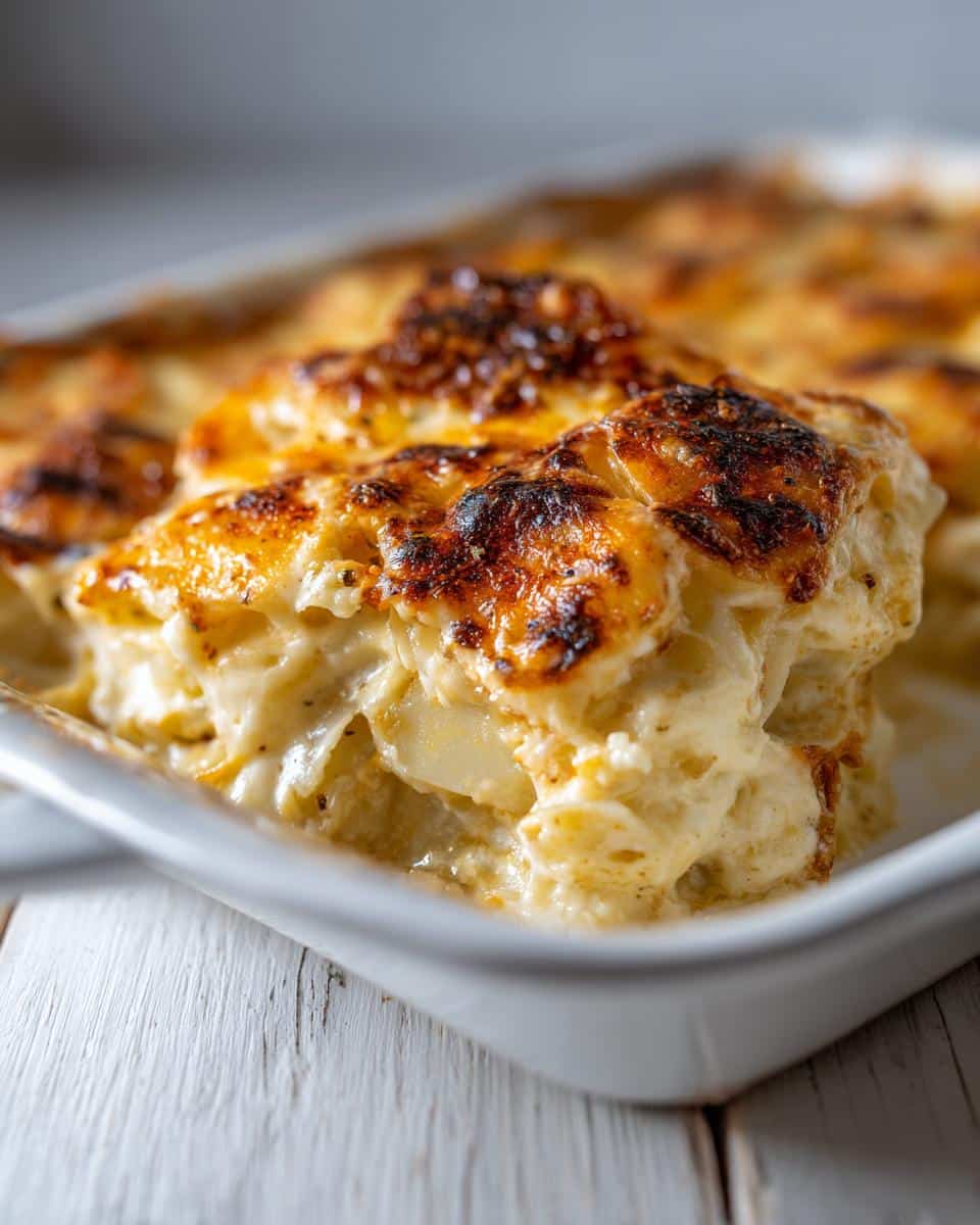 A close-up of a cheesy slice of easy scalloped potatoes recipe cheese, showing the creamy texture and golden-brown top.