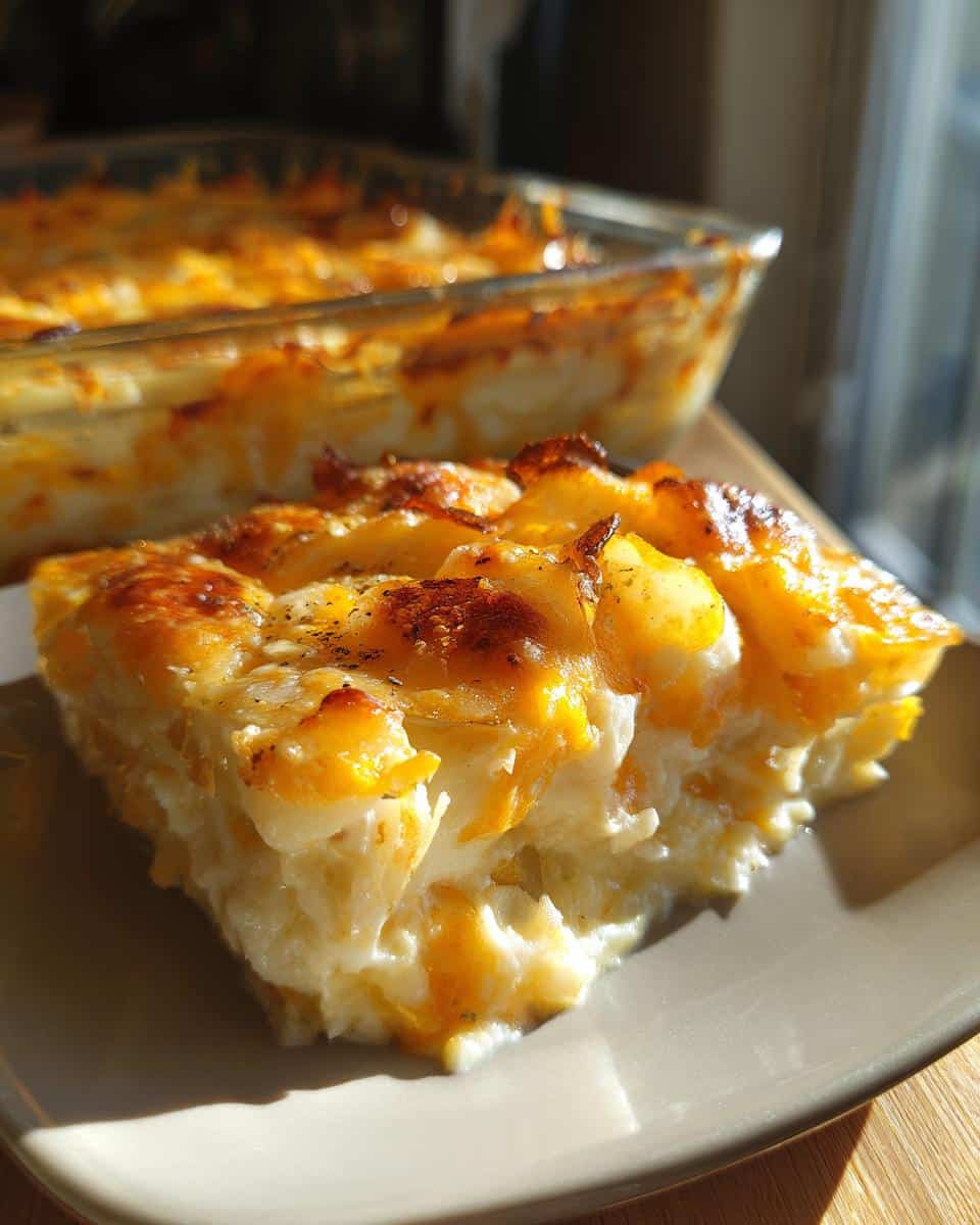 A slice of easy scalloped potatoes recipe cheese on a plate, with the casserole dish in the background.