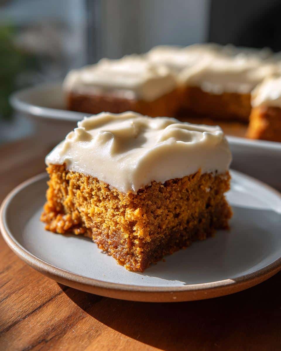 A single slice of easy sheet pan pumpkin bars with creamy frosting on a plate.