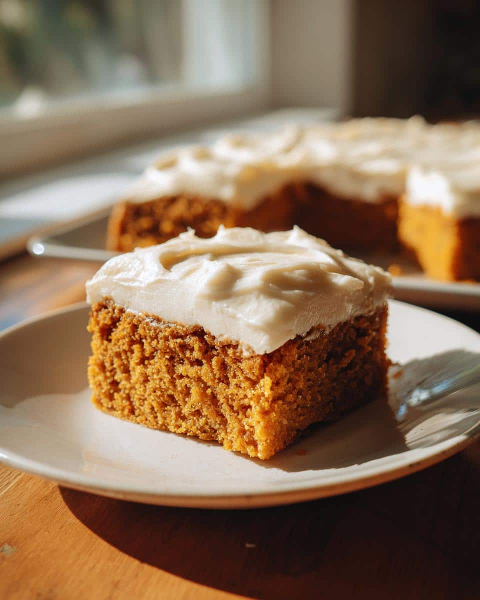 A single slice of easy sheet pan pumpkin bars with creamy frosting on a plate, with the rest of the bars in the background.