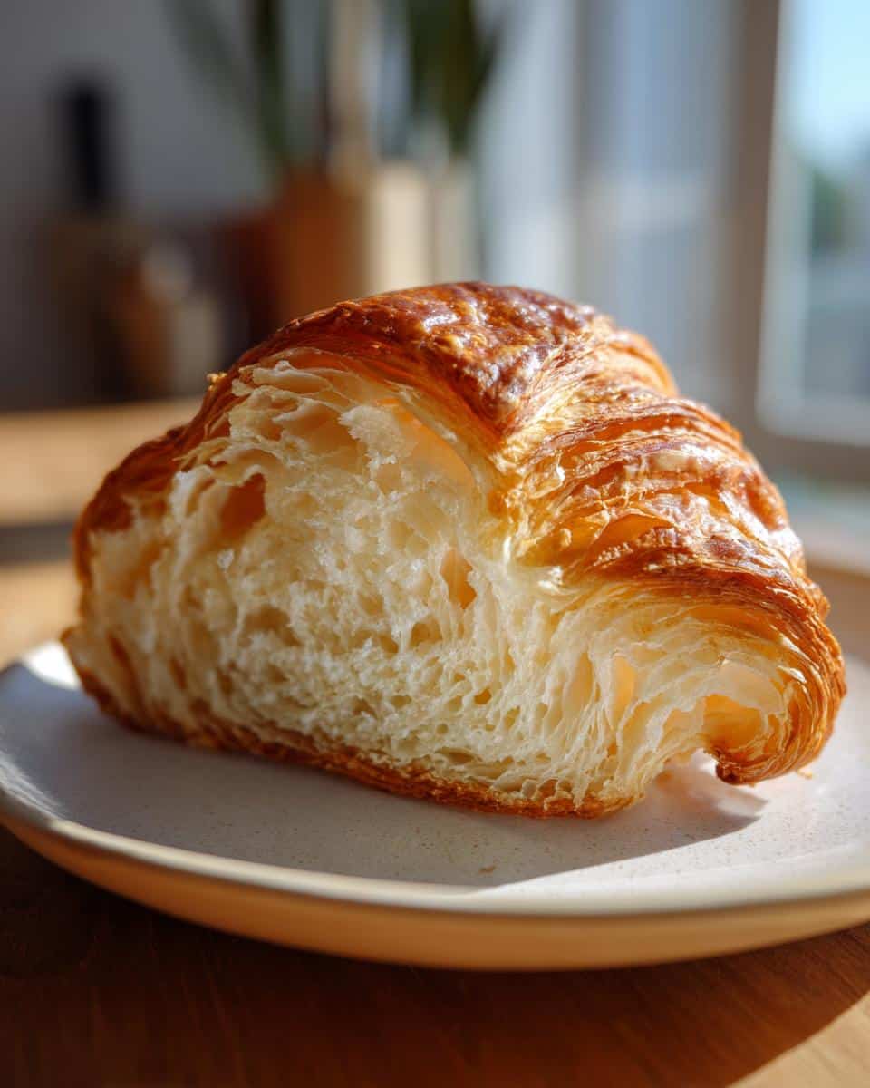 Close-up of a golden brown croissant, showcasing its flaky layers. Perfect for croissant recipes.
