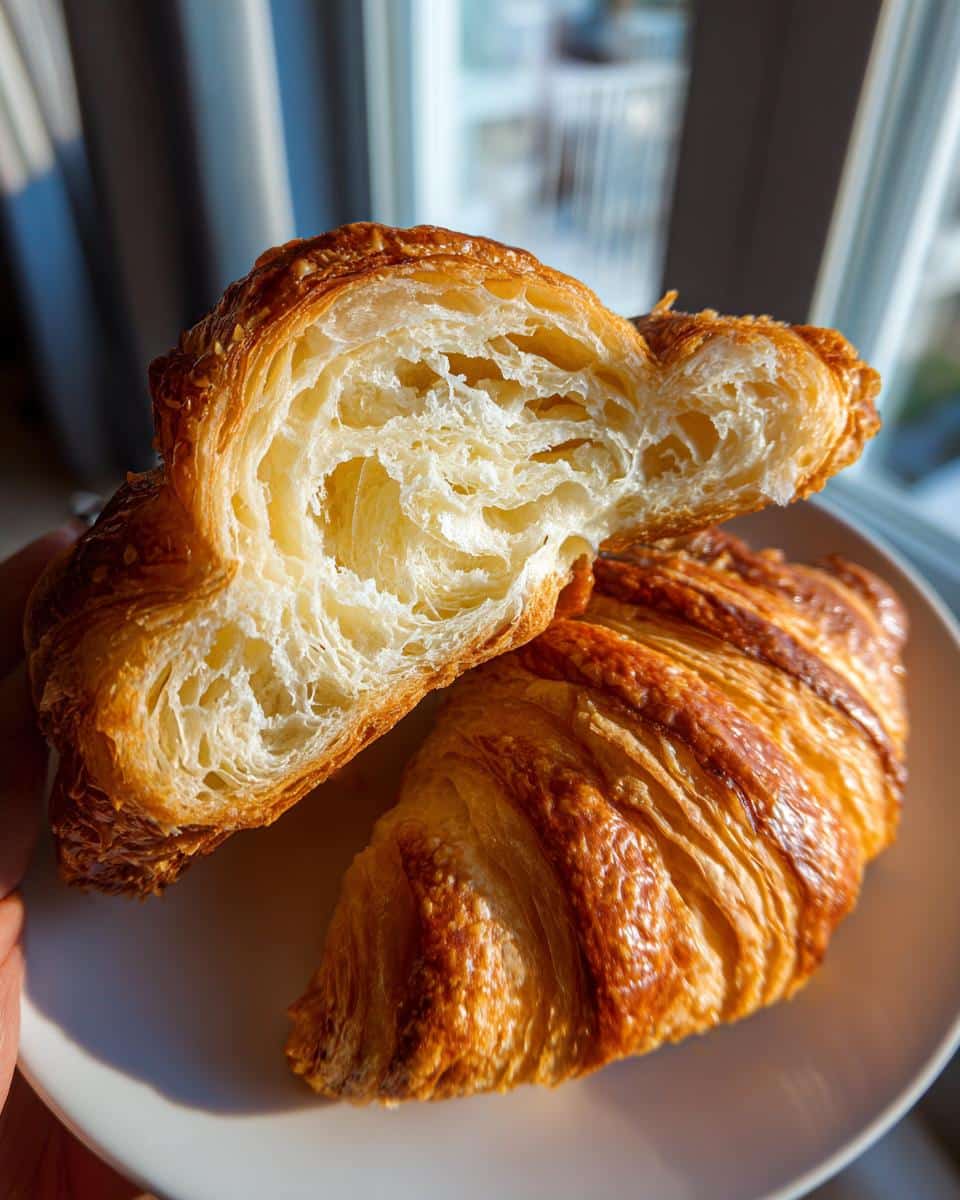 Close-up of a croissant, split open to show the flaky layers, part of easy croissant recipes.
