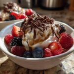 Bowl of fluffy yogurt topped with mixed berries, chocolate shavings, and a drizzle of syrup.