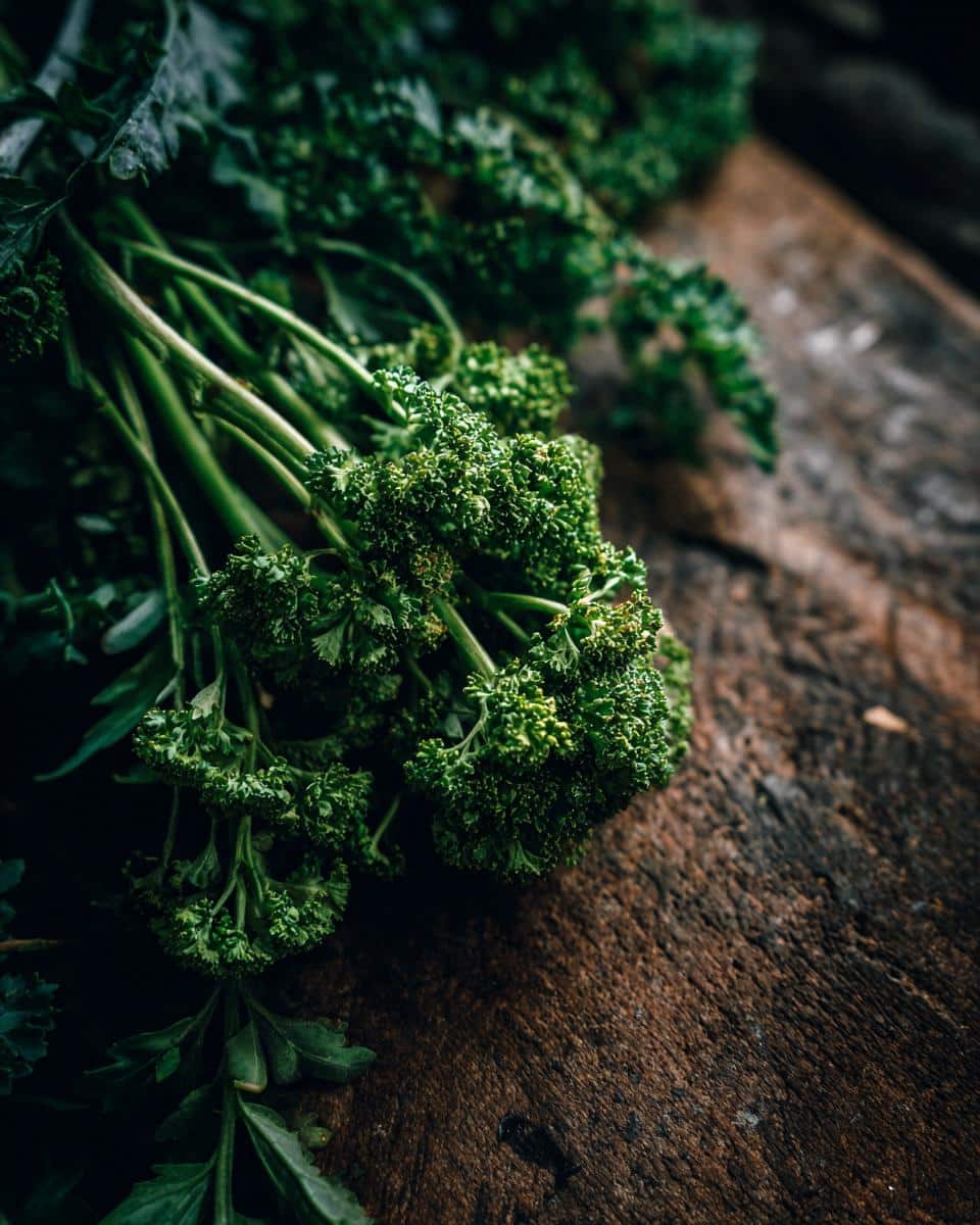 Close-up of fresh parsley on a rustic wooden surface, a vibrant addition to green foods for party.