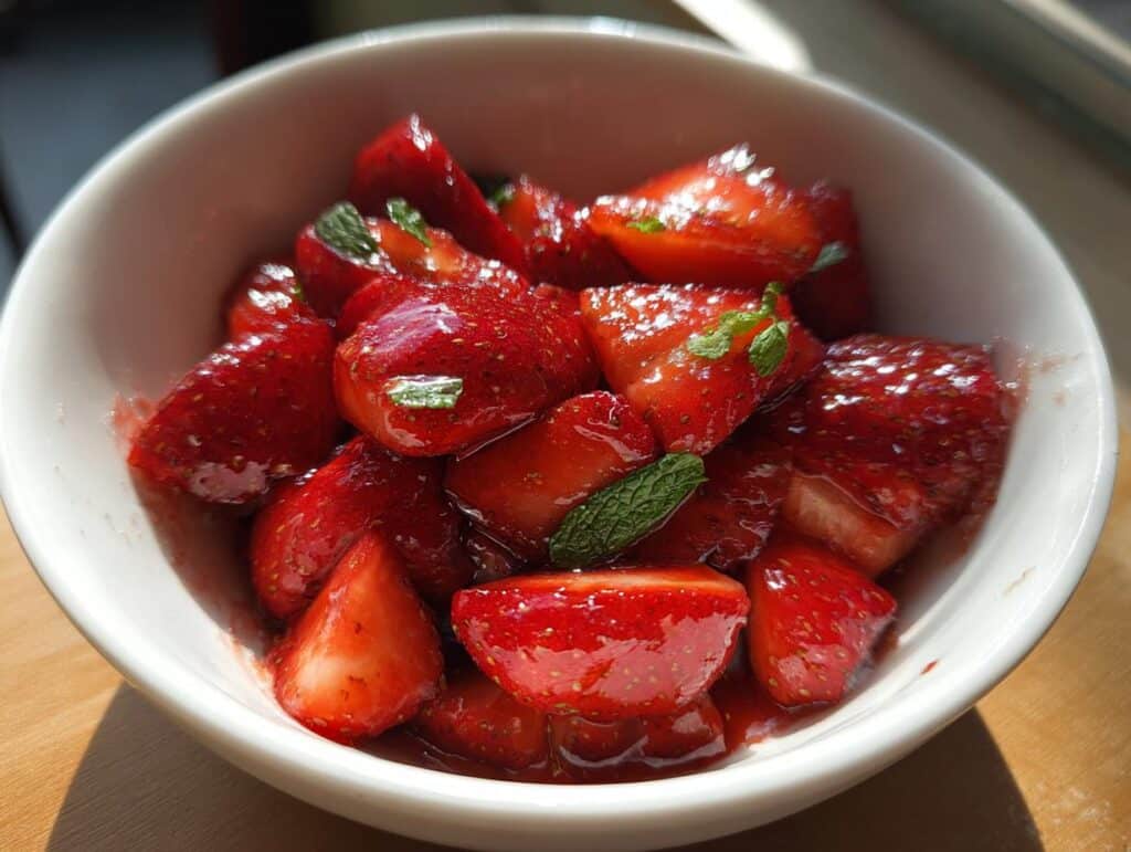 A bowl of glistening, diced fresh strawberry recipes with mint garnish, ready to be enjoyed.
