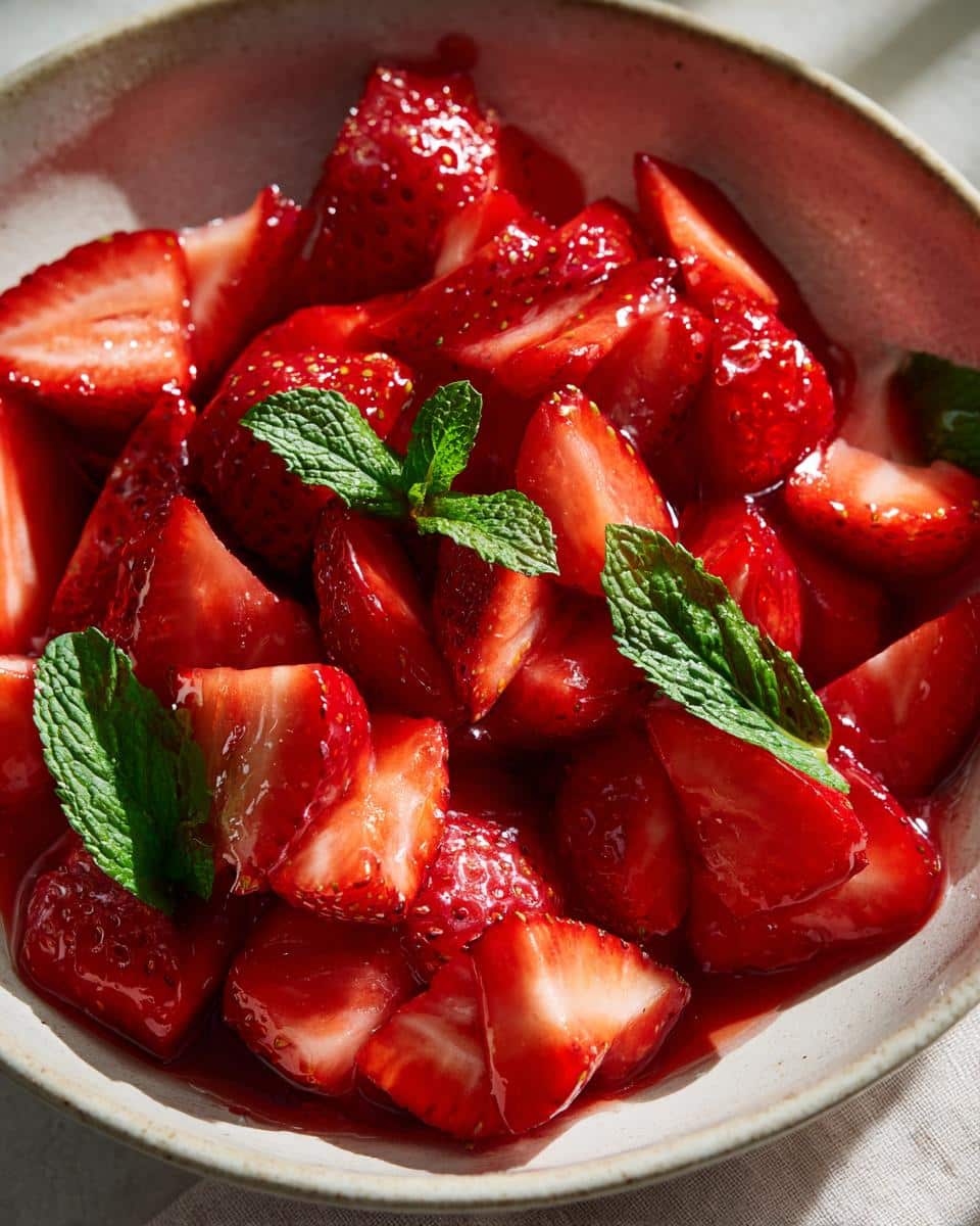Close-up of a bowl of sliced fresh strawberry recipes, garnished with mint leaves, in a light sauce.