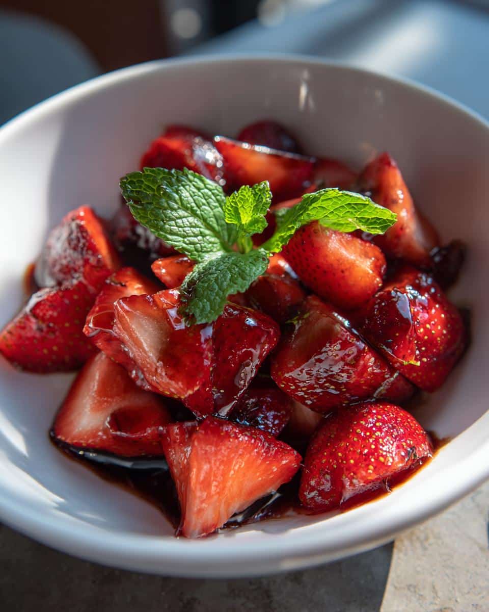 A bowl of fresh strawberry recipes idea, featuring sliced strawberries with a dark sauce and mint garnish.