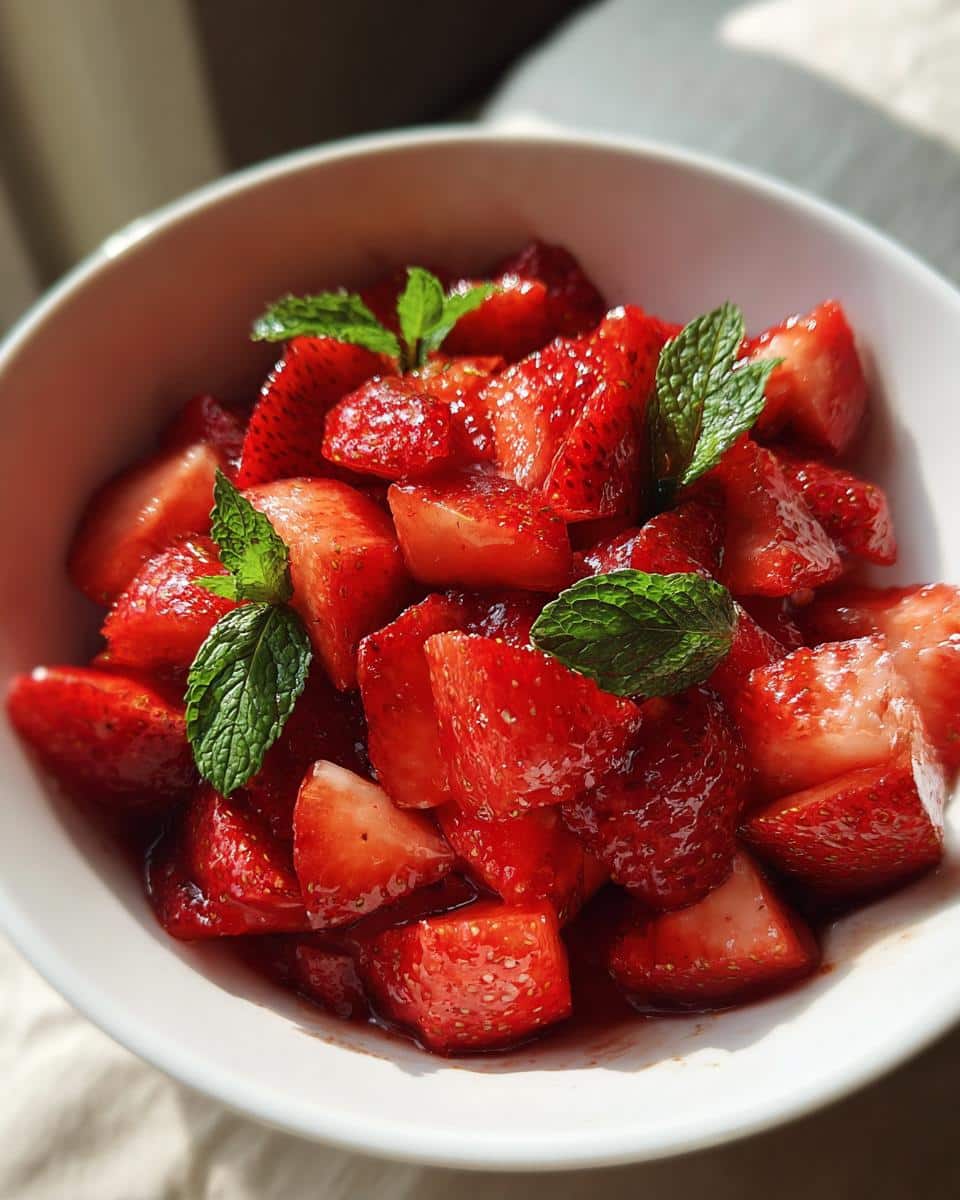 Close-up of a white bowl filled with glistening, cut fresh strawberry recipes, garnished with mint leaves.