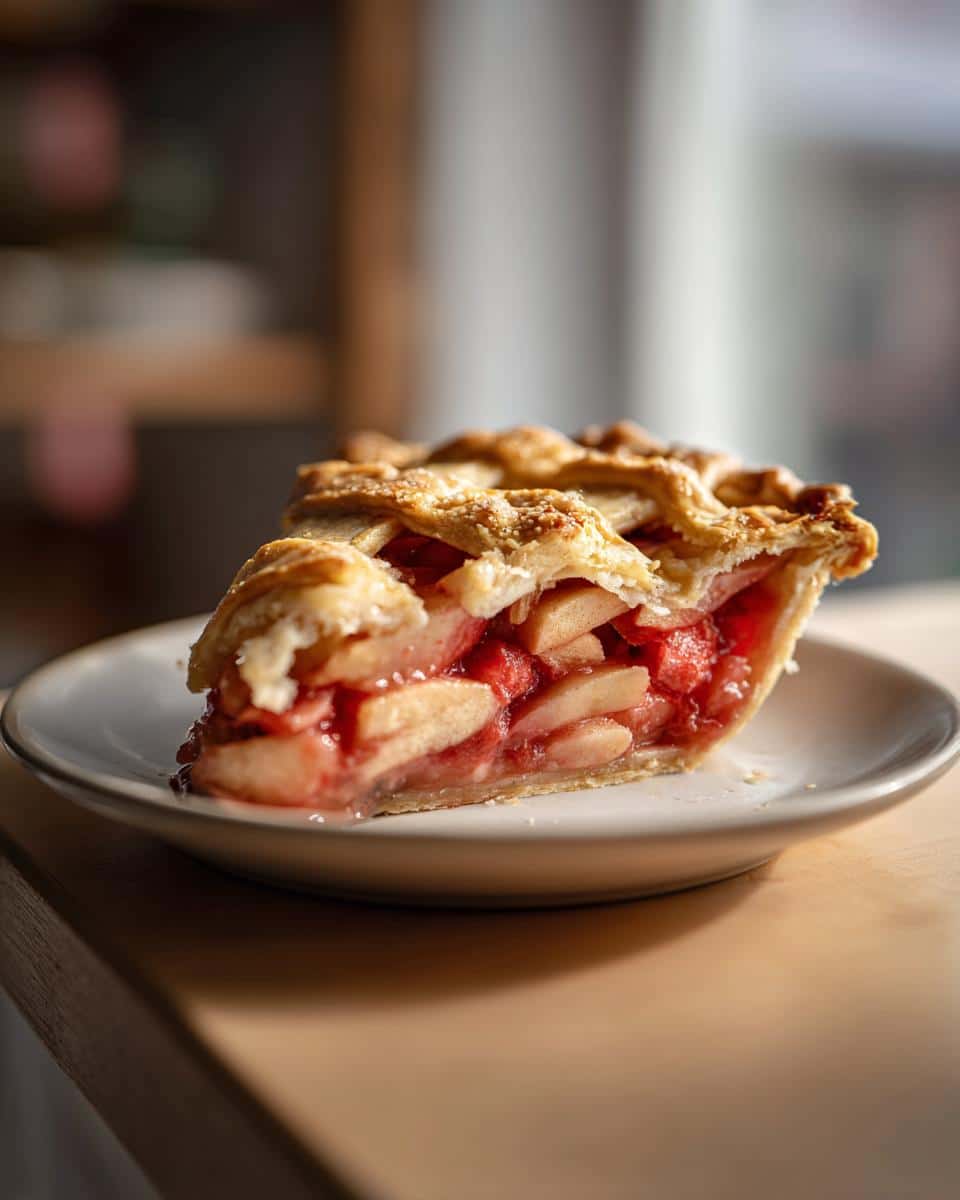 A delicious slice of frozen rhubarb pie recipe with a lattice crust on a white plate.