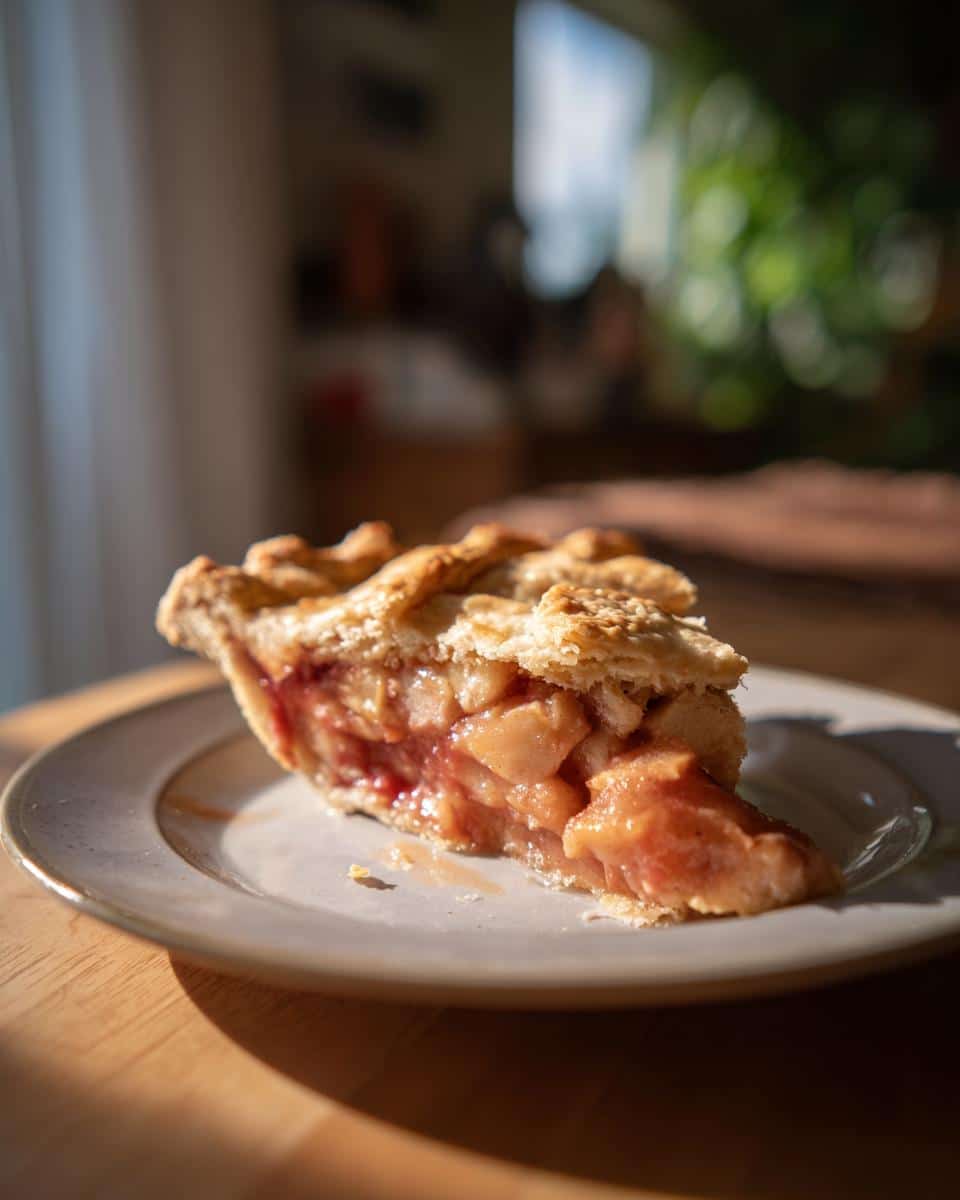 A slice of homemade frozen rhubarb pie recipe with a flaky crust and juicy filling on a plate.