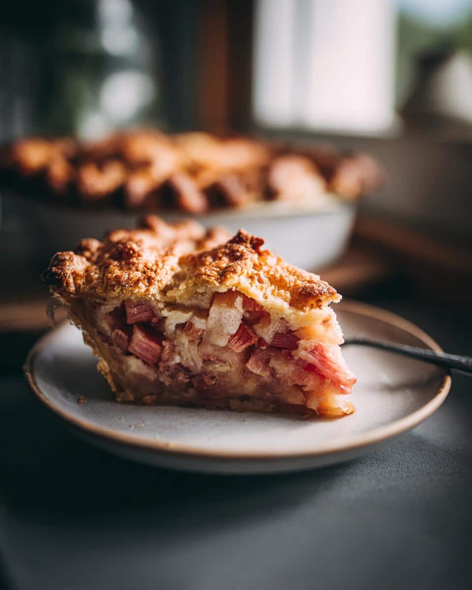 A slice of homemade frozen rhubarb pie recipe on a plate, showing the flaky crust and rhubarb filling.