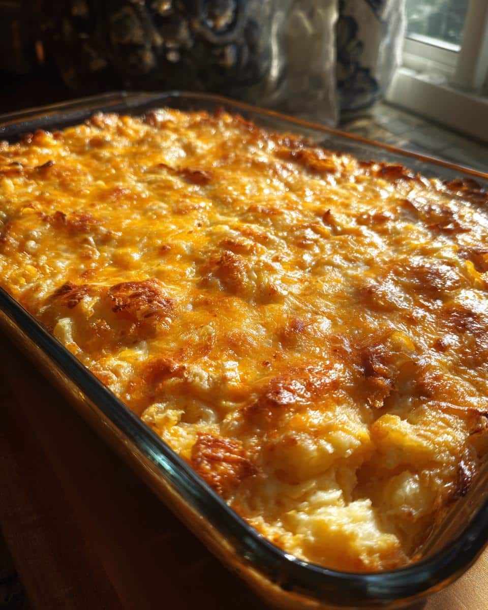 Baked funeral potatoes with hashbrowns in a glass baking dish, showing a golden-brown cheesy topping.