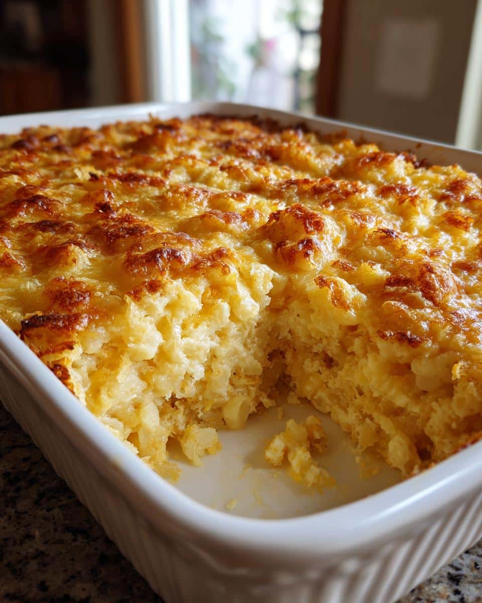 Baked funeral potatoes with hashbrowns casserole in a white dish, showing a portion removed.