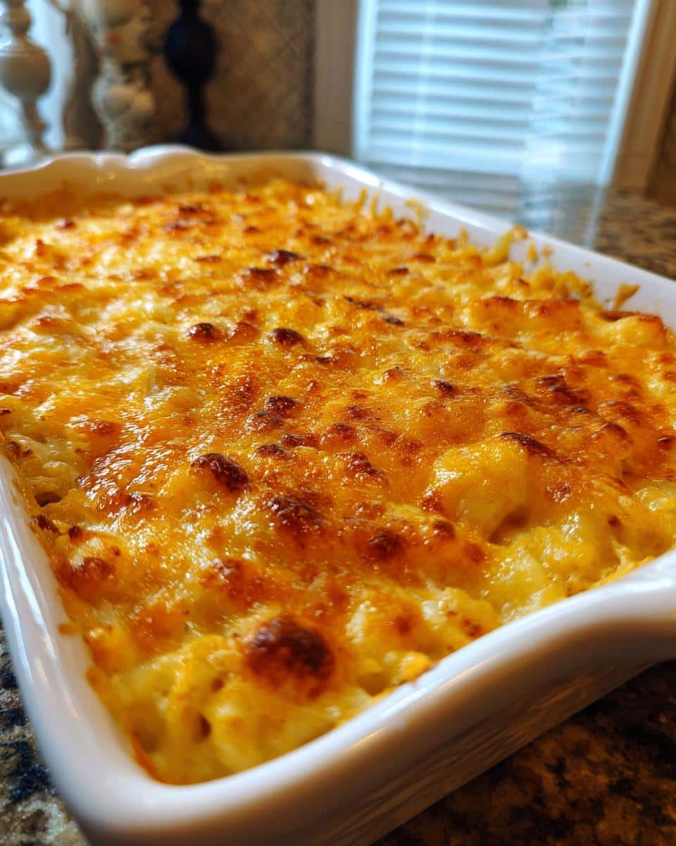 Baked funeral potatoes with hashbrowns in a white casserole dish, golden brown and bubbly.
