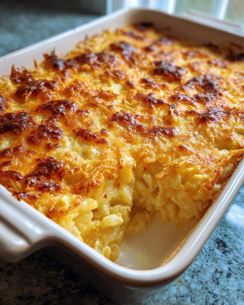 Baked funeral potatoes with hashbrowns in a casserole dish, golden brown and bubbly.