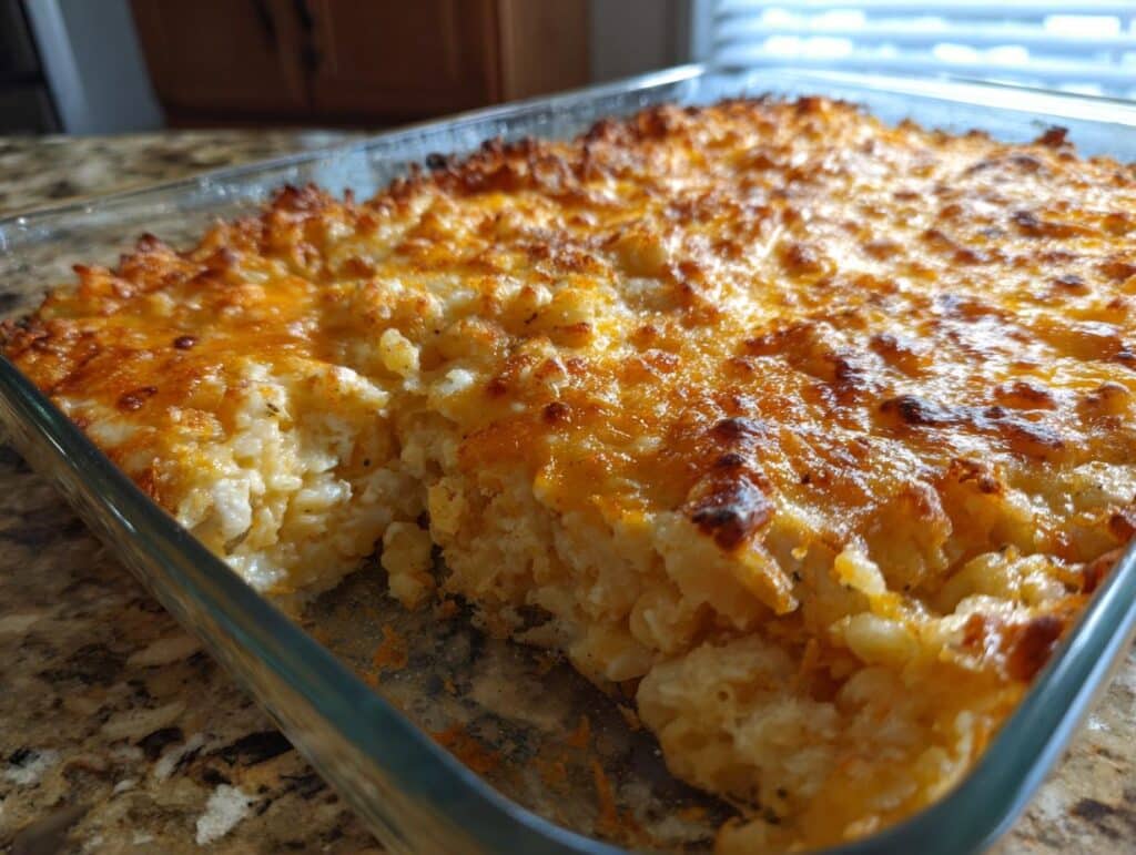 Close-up of funeral potatoes with hashbrowns in a glass baking dish, showing the cheesy topping.