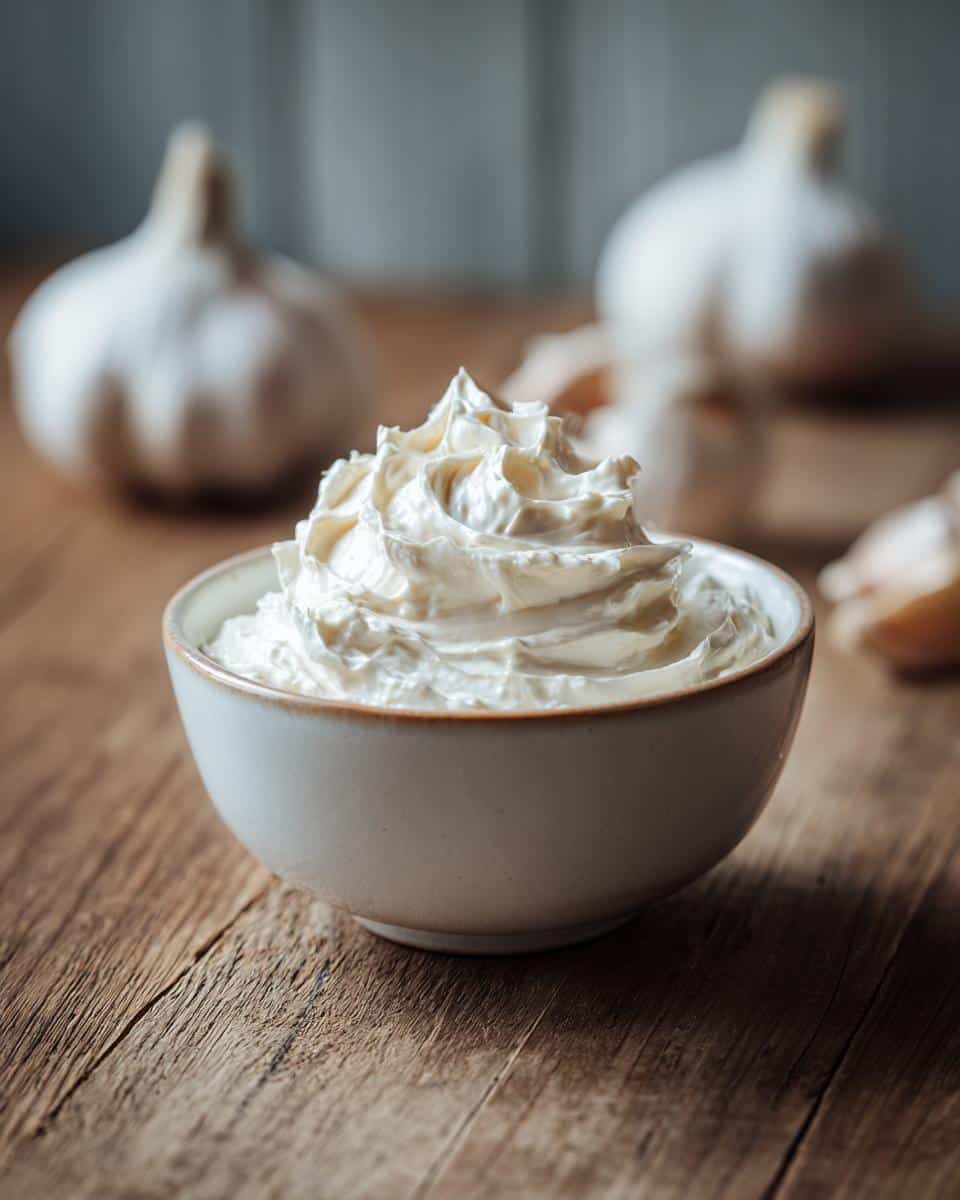 A bowl of creamy Garlic Aioli sits on a wooden surface, with garlic bulbs in the background.