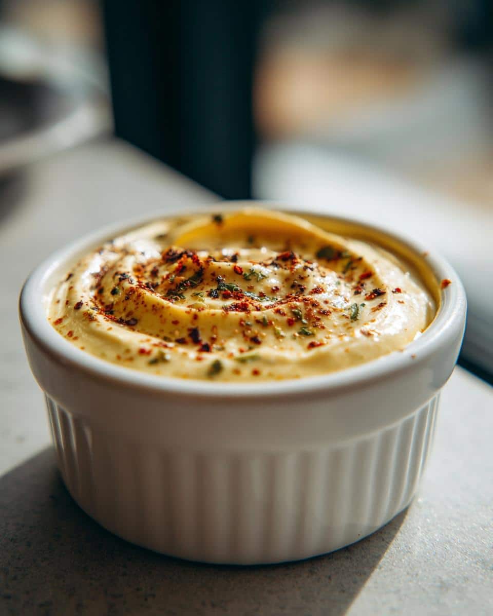 Close-up of creamy Garlic Aioli in a white ramekin, garnished with herbs and spices.