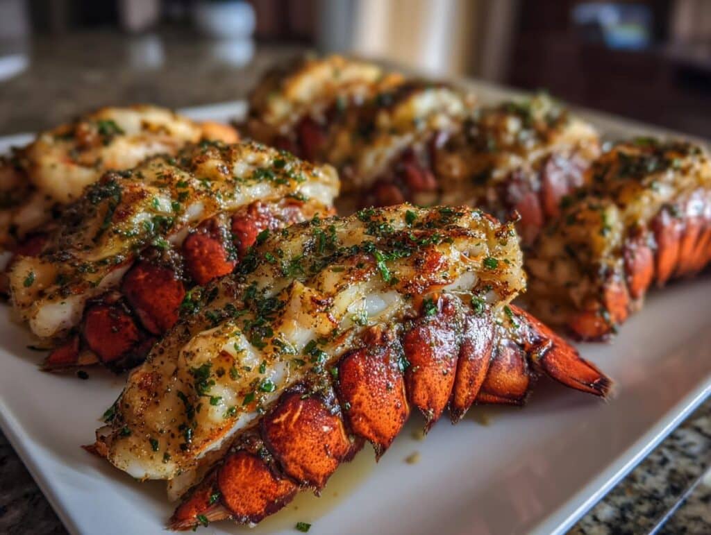 A platter of Garlic Butter Lobster Tails, cooked to perfection and garnished with fresh herbs.