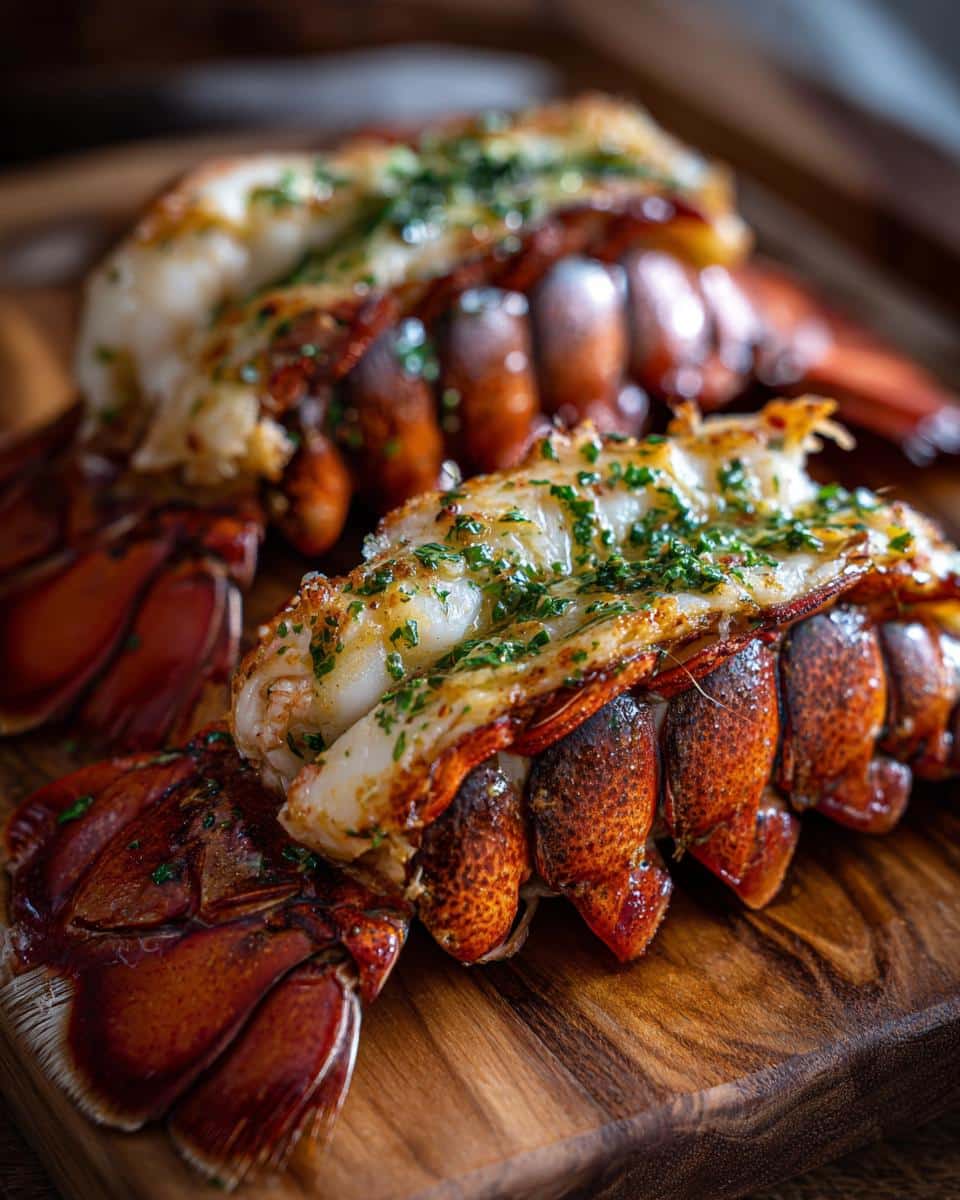 Two Garlic Butter Lobster Tails on a wooden board, garnished with fresh herbs.