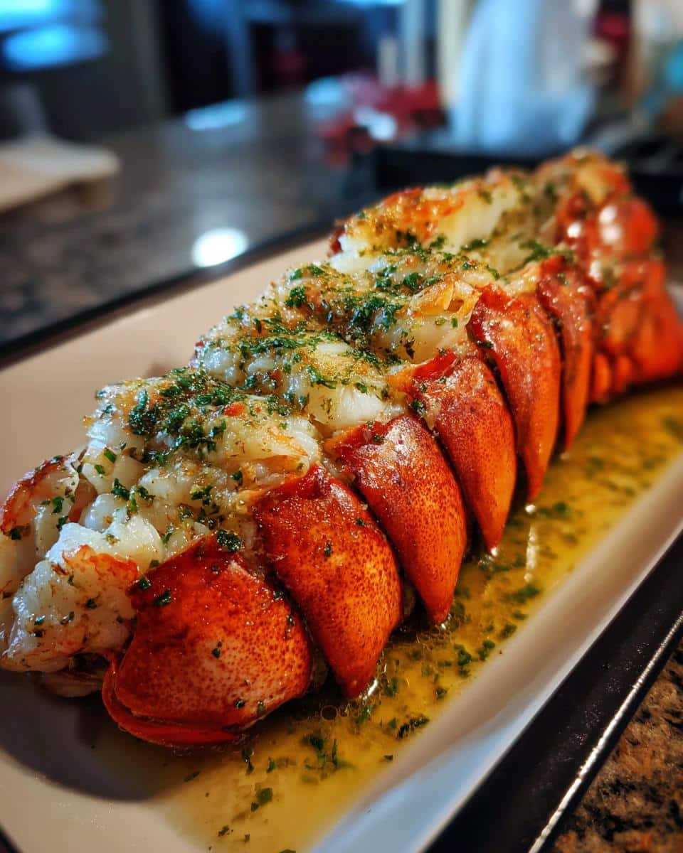 A prepared Garlic Butter Lobster Tails dish on a white platter, drizzled with butter and herbs.
