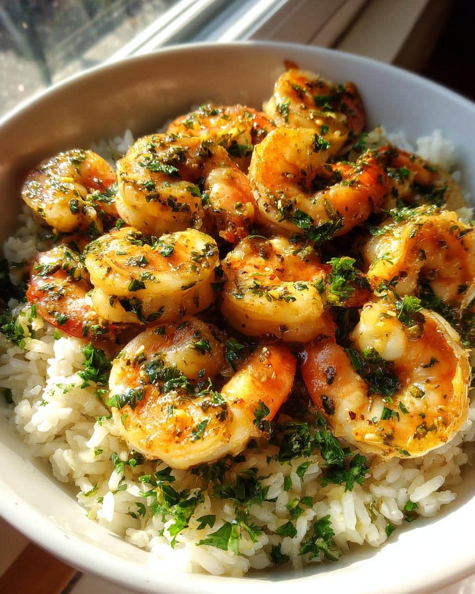 A bowl of Garlic Butter Shrimp with Rice, garnished with fresh parsley.