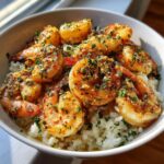 A bowl of Garlic Butter Shrimp with Rice, topped with fresh herbs and glistening with garlic butter sauce.