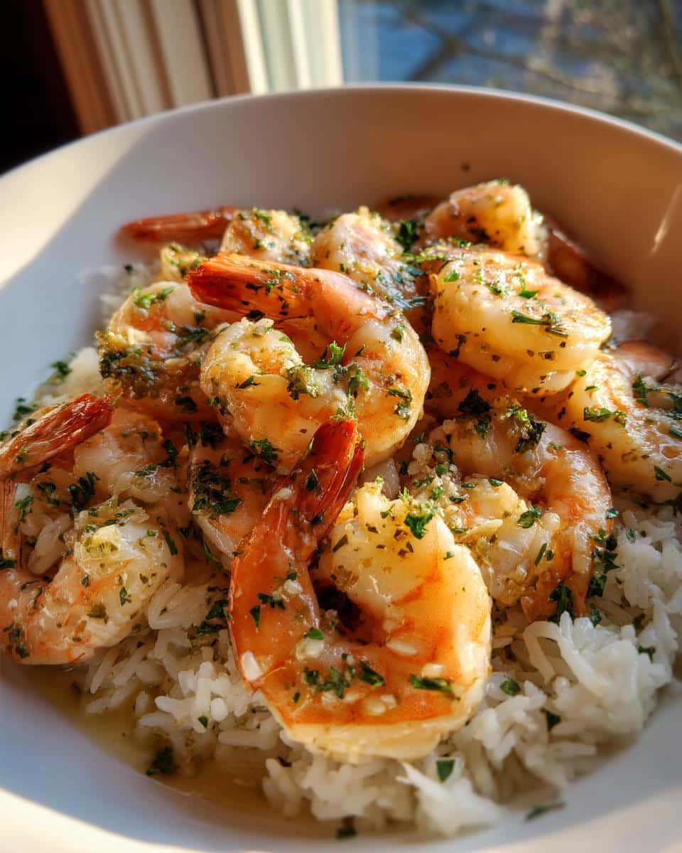 A bowl of Garlic Butter Shrimp with Rice, garnished with fresh herbs and bathed in a delicious sauce.