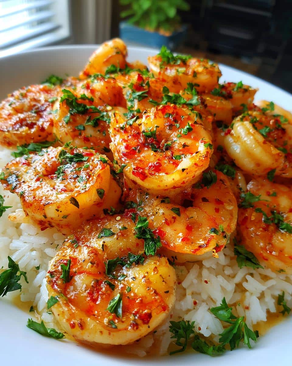 Close-up of Garlic Butter Shrimp with Rice, garnished with parsley, on a white plate.