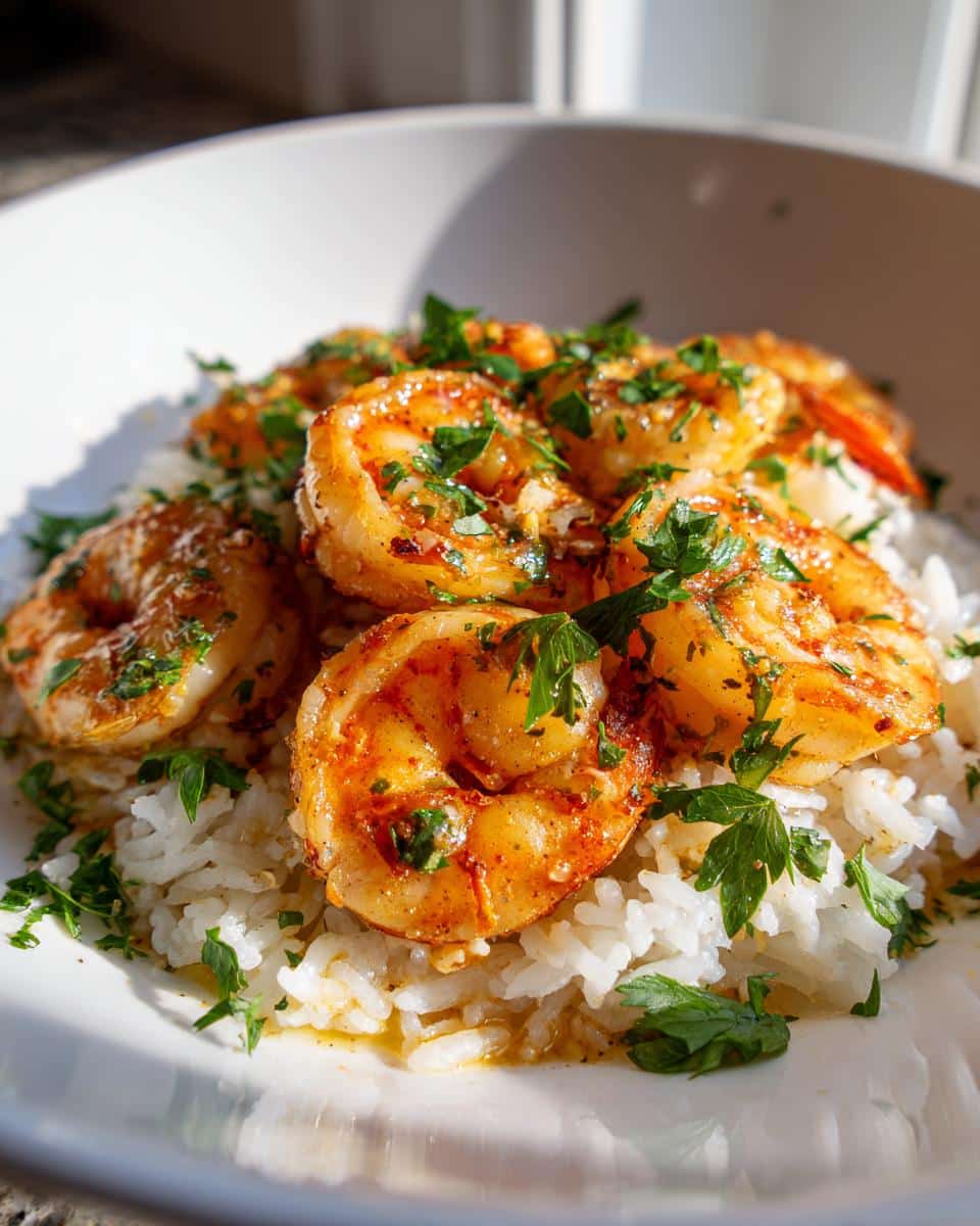 A bowl of Garlic Butter Shrimp with Rice, garnished with fresh parsley. Ready to eat!