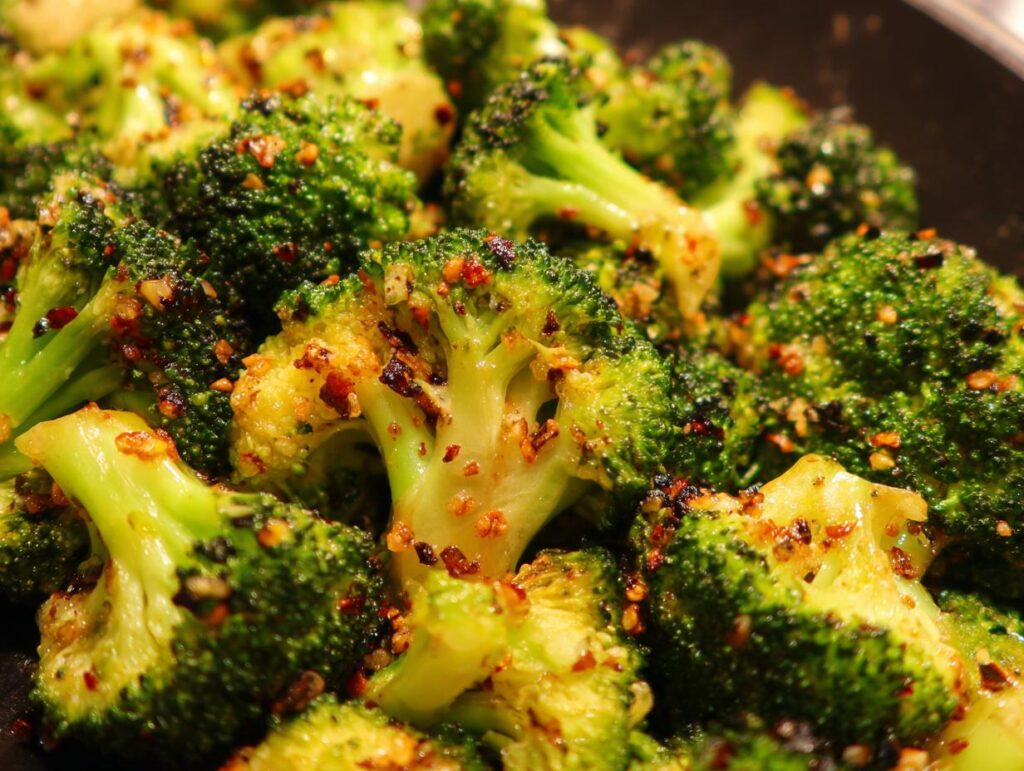 Close-up of Garlic Parmesan Broccoli, showcasing the vibrant green florets and golden parmesan topping.