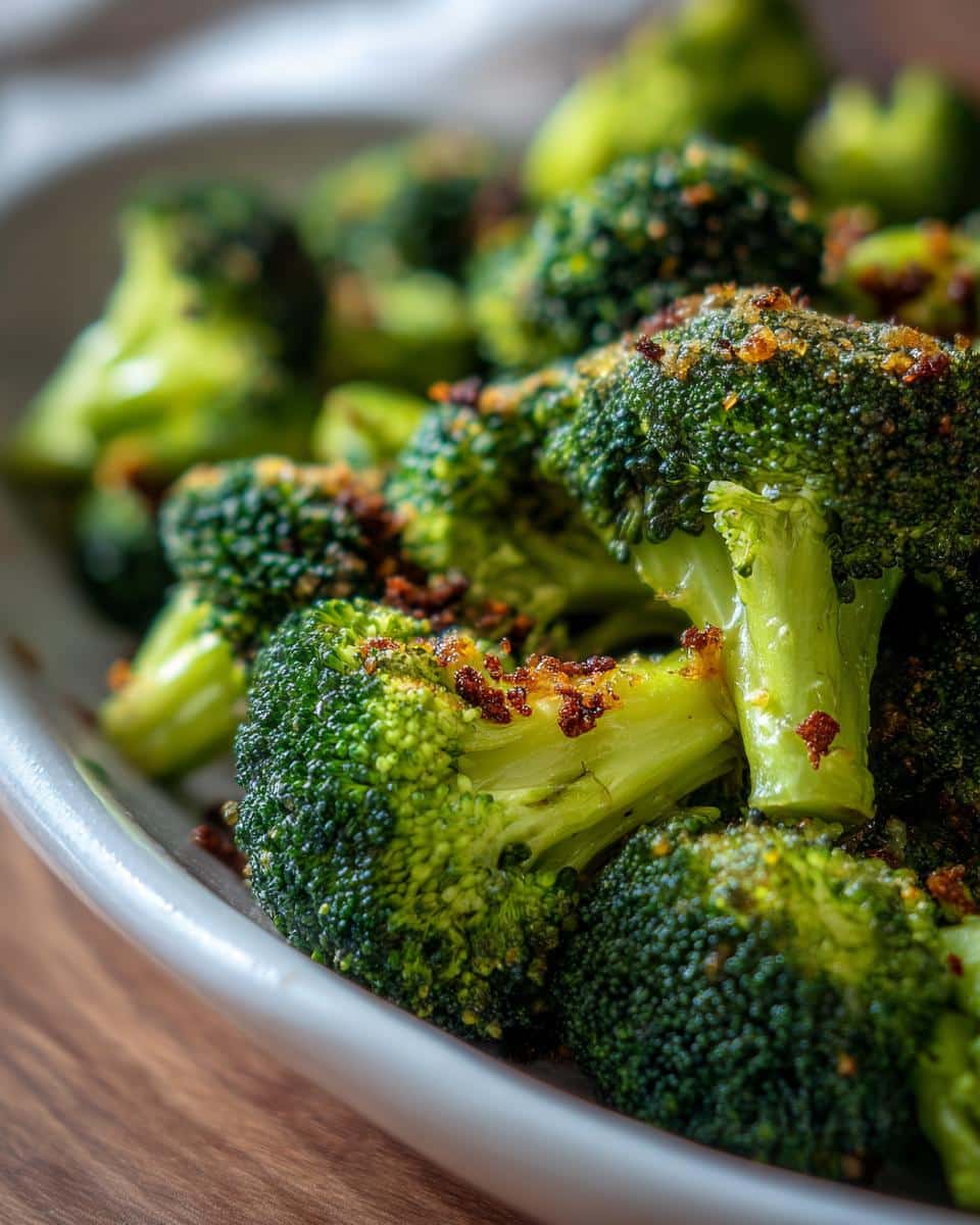 Close-up of Garlic Parmesan Broccoli on a white plate, showing the texture and seasoning.