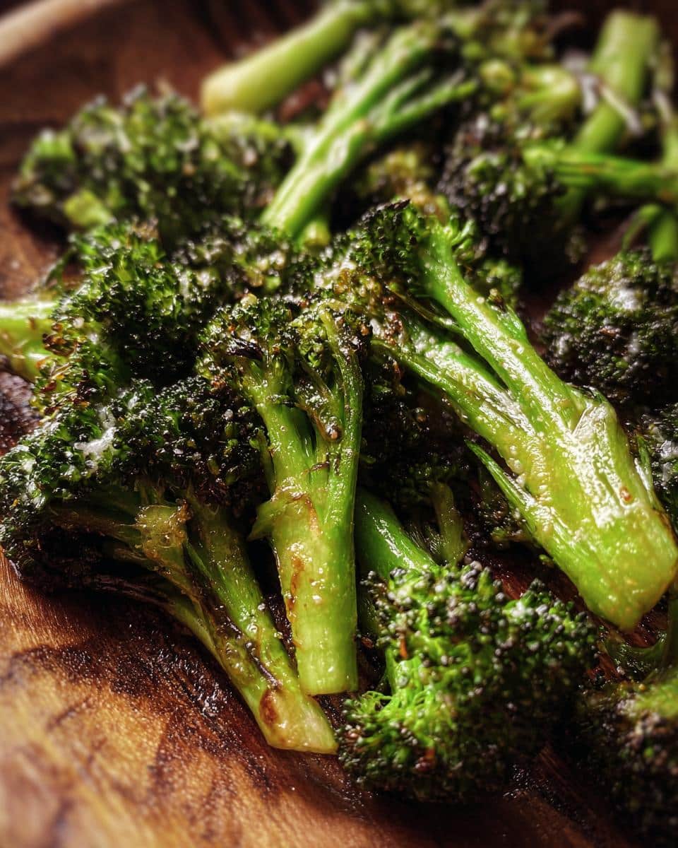 Close-up of roasted Garlic Parmesan Broccoli on a wooden board, showcasing its texture and seasoning.