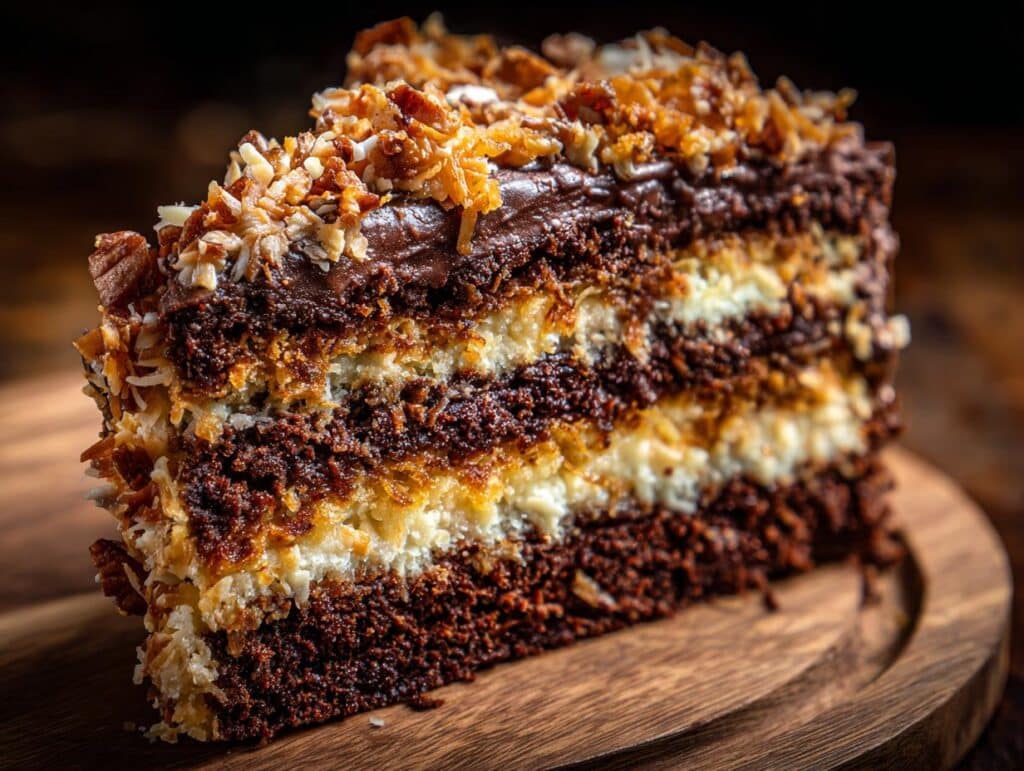 A decadent slice of German Chocolate Cake with layers of chocolate cake, coconut pecan frosting, and chocolate ganache.