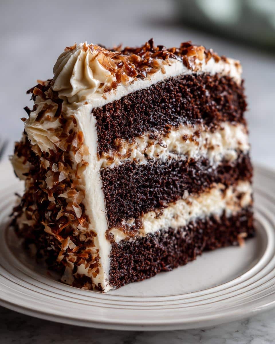 A delicious slice of German Chocolate Cake with layers of chocolate cake, frosting, and toasted coconut.