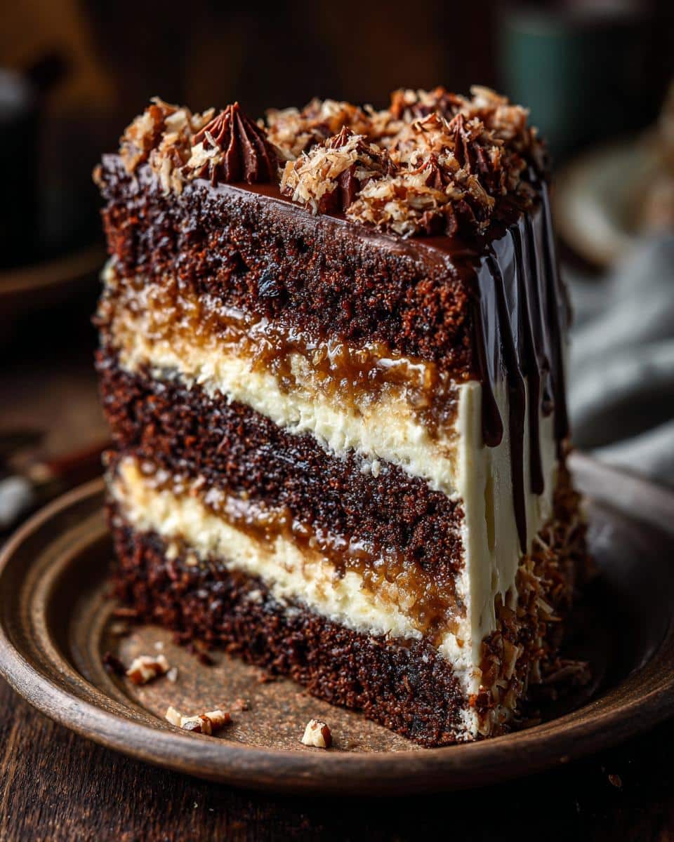 A decadent slice of German Chocolate Cake with layers of chocolate cake, coconut pecan frosting, and chocolate ganache.