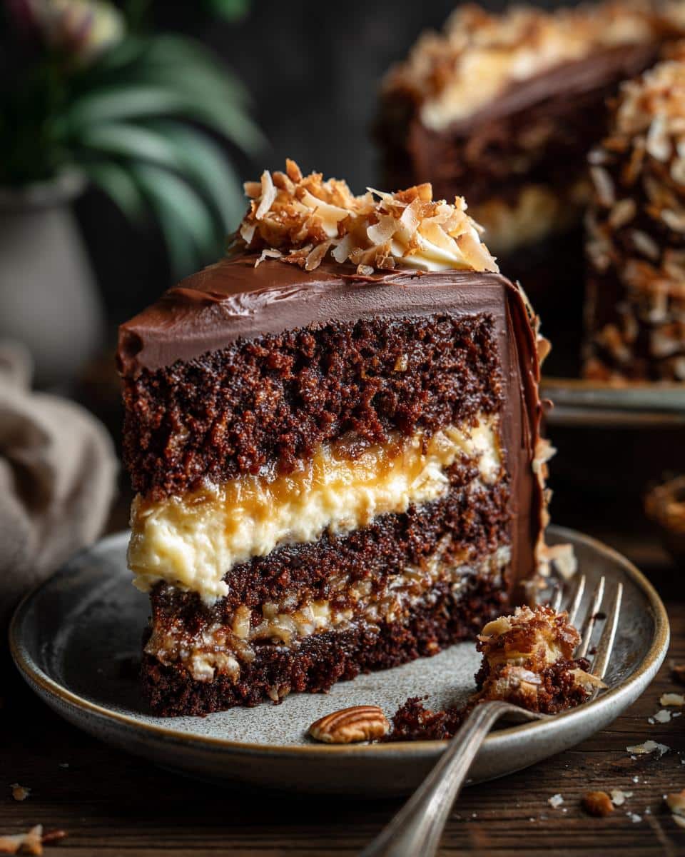 A delicious slice of German Chocolate Cake with layers of chocolate cake and coconut pecan frosting.