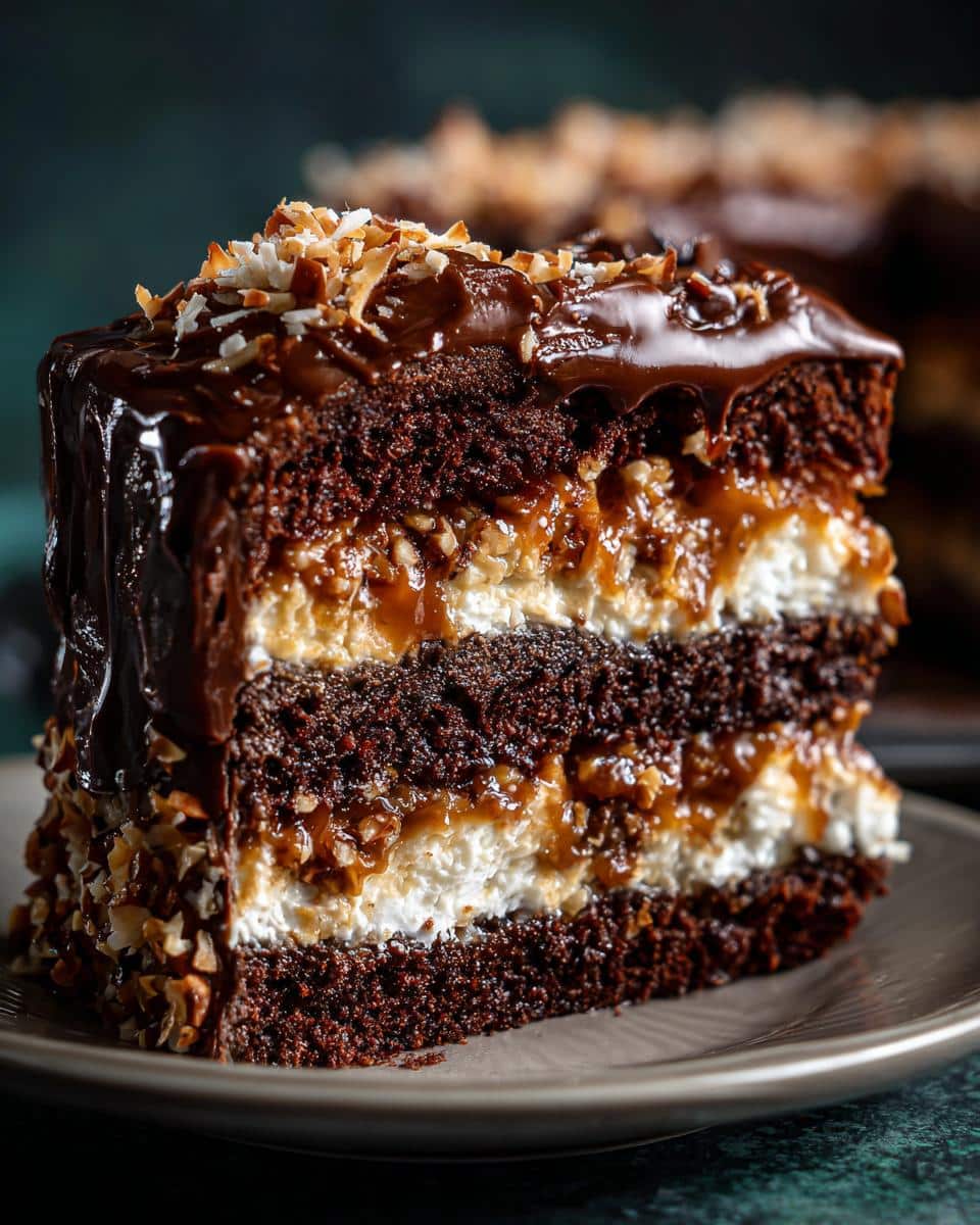 A decadent slice of German Chocolate Cake featuring layers of moist chocolate cake and coconut pecan frosting.