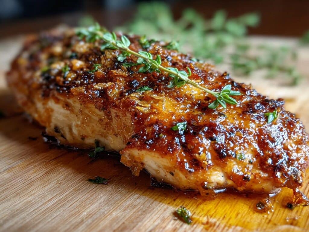 Close-up of a glazed chicken breast recipe, garnished with thyme, on a wooden board.