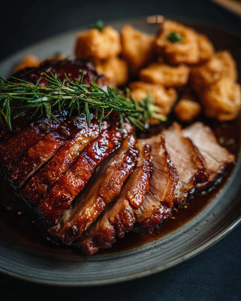 Sliced glazed meat garnished with rosemary, a perfect addition to green foods for party.