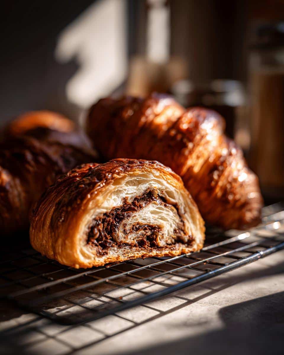 A sliced gluten free chocolate croissant showing the flaky layers and rich chocolate filling.