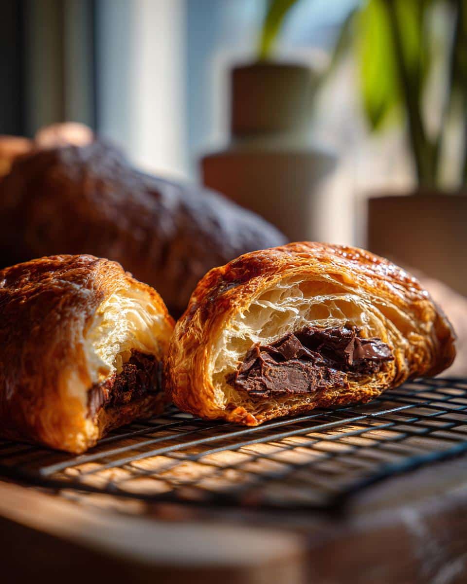 Close-up of a cut gluten free chocolate croissant showing flaky layers and rich chocolate filling.